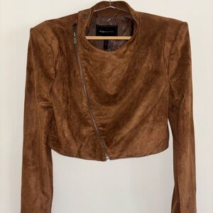 BCBGMaxAzria Sloan Faux Suede Cropped Moto Jacket Women large brown coat toffee